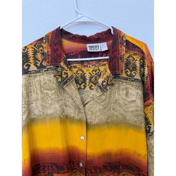 Vintage Chico’s Design 100% Silk Ombré Yellow Tribal Aztec Button 3 (XL/16) - Picture 2 of 5